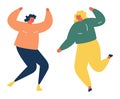 Two happy women dancing carefree, one in orange top and black pants, other in green sweater and yellow pants. Joyful Royalty Free Stock Photo