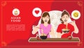 Two happy women eating noodles vector illustration