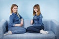 Two happy women friends wearing jeans outfit Royalty Free Stock Photo