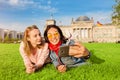 Happy woman making selfie on background of Reichstag Bundestag building in Berlin. Travel and love concept in Europe