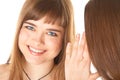 Two happy young girlfriends telling secrets Royalty Free Stock Photo