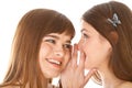 Two happy young girlfriends telling secrets Royalty Free Stock Photo