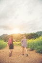 Two happy young woman enjoying with holiday traveling relaxing i Royalty Free Stock Photo