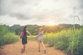 Two happy young woman enjoying with holiday traveling relaxing i Royalty Free Stock Photo