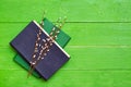 Two hardcover books on a green wooden background and willow branches