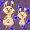 Two hares drawn by hand with markers on an abstract floral background. A child's illustration. Mother hare and baby