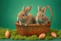 Two hares are sitting in a wooden basket on a green background, Generative AI. Royalty Free Stock Photo