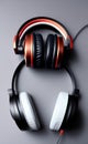 Two headphones wired and bluetooth grey background