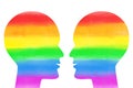 Two heads facing each other in silhouette with watercolor brush strokes in rainbow colors. Colorful LGTB concept isolated on white