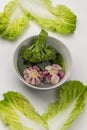 Two heads of garlic and broccoli in a bowl of water. Yellow-green lettuce leaves Royalty Free Stock Photo