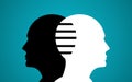 Two Heads United by Stripes. black and White Human Head Silhouette in blue background, creative