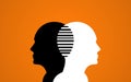 Two Heads United by Stripes. black and White Human Head Silhouette in orange background, mental Health creative Conscript Royalty Free Stock Photo