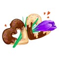 Two heart cookies in chocolate glaze connected with a purple spring crocus. Royalty Free Stock Photo