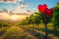 Two heart shaped balloons floating amidst a vineyard at sunset, creating a romantic atmosphere, A romantic vineyard with red heart