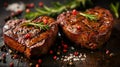 Two heart-shaped beef steaks grilled and seasoned, perfect for celebrating Valentine\'s Day