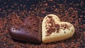 Two heart-shaped chocolates made of milk and white chocolate on the slate board Royalty Free Stock Photo