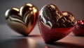 two heart shaped chocolates sitting next to each other on a table. generative ai Royalty Free Stock Photo