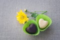 Two heart-shaped chocolates Royalty Free Stock Photo