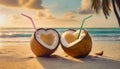 Two heart shaped coconut cocktails on a tropical beach with a view to the sunset above the ocean. Summer vacation seaside, holiday Royalty Free Stock Photo