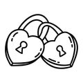 Two heart shaped locks fastened together. Vector doodle icon