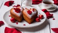 Two heart shaped muffins with powdered sugar and red rose petals on a white plate Royalty Free Stock Photo