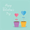 Two heart stick flowers in the pots. Flat design. Happy Valentines day