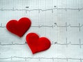 Two hearts on the background with the results of electrocardiography