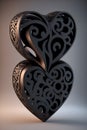 Two hearts black and gold carved that merge to form a single piece. 14th of Feb Valentine`s day party. Concept Love Royalty Free Stock Photo