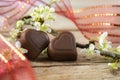 Two hearts of chocolate with a red ribbon and a blossom branch o Royalty Free Stock Photo