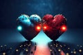 Two hearts connected with circuit board cyber network, love science Royalty Free Stock Photo