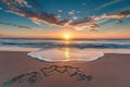 Two hearts drawn in the sand on a beach, showcasing a romantic gesture, A beautiful sunrise over a peaceful beach, with hearts Royalty Free Stock Photo