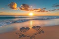 Two hearts drawn in the sand on a beach, showcasing a romantic gesture, A beautiful sunrise over a peaceful beach, with hearts Royalty Free Stock Photo