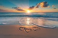 Two hearts drawn in the sand on a beach, symbolizing love and connection, A beautiful sunrise over a peaceful beach, with hearts Royalty Free Stock Photo