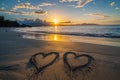 Two hearts drawn on sand of paradise beach at sunset Royalty Free Stock Photo