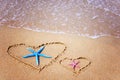 Two hearts are drawn on the sand by the sea.Valentine`s day background Royalty Free Stock Photo