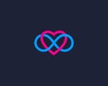 Two hearts and endless loop symbol logo. Infinity love logotype. Valentine and relationship vector sign icon. Royalty Free Stock Photo