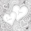 Two Hearts on flowers for coloring books for adult or valentines card Royalty Free Stock Photo