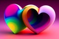Two hearts fluorescent colors that merge to form a single piece. 14th of Feb Valentine`s day party. Concept fusion of love.