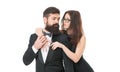 Two hearts full of love. elegant formal fashion. sexy woman and tuxedo man. couple in love. business partnership. love Royalty Free Stock Photo