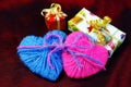 Two hearts and gifts. Valentine`s Day.