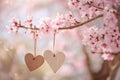 Two hearts hanging from a blooming branch in a spring orchard Royalty Free Stock Photo