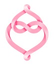 Two hearts intertwine forming an infinity sign made of pink mobius stripe. Symbol of eternal love