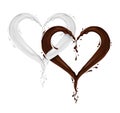 Two hearts made of milk and chocolate splashes on a white background