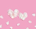 Two Hearts made of rose petals, big and small heart from white petals of flower on pink. Minimal Valentines card or Royalty Free Stock Photo