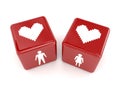 Two hearts, male and female figures on dices.