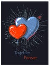 Two hearts male and female ,red and blue heart shapes wedding or Valentine day love card on dark grunge background