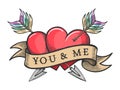 Two Hearts Pierced by Arrows and Ribbon with Lettering You And Me Tattoo Royalty Free Stock Photo