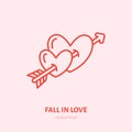 Two hearts pierced by illustration. Fall in love flat line icon, romantic relationship. Valentines day greeting sign