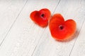 Two hearts from red flower petals in heart shape over white wood Royalty Free Stock Photo