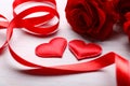 Two hearts, ribbon and red roses on table Royalty Free Stock Photo